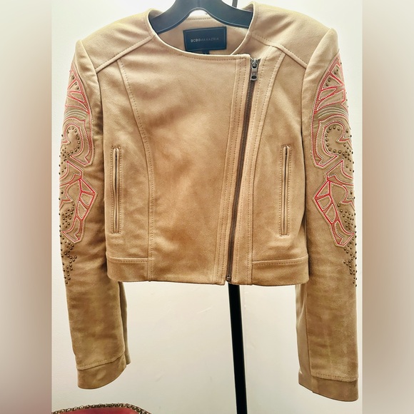 BCBGMAXAZRIA Nicholas Faux Suede Cropped Embroidered Moto Jacket, Size XS - Picture 4 of 14